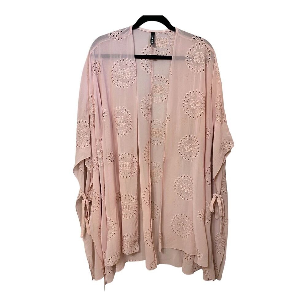 Torrid Ruana Eyelet Side Tie Kimono One Size Pink Sheer Chiffon Embroidered Boho